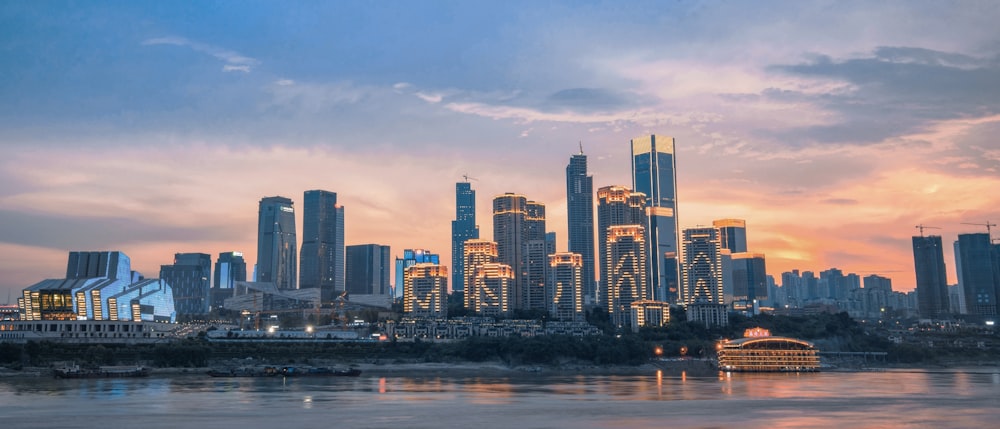 city skyline during night time