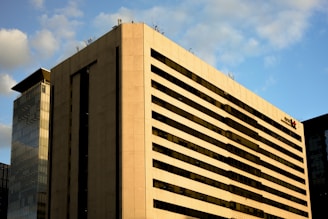 Modern office building exterior with clear sky
