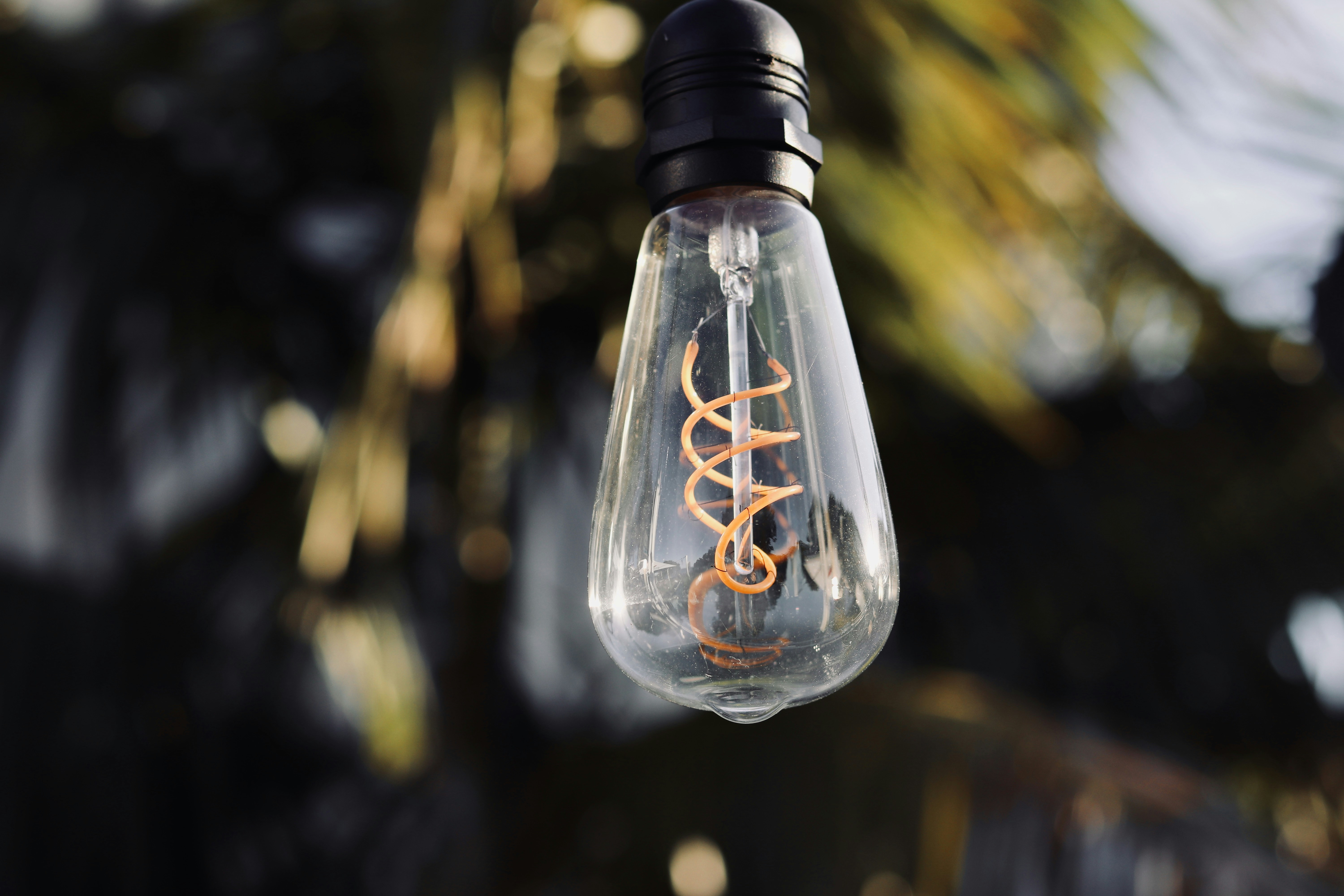 clear glass light bulb turned on in tilt shift lens