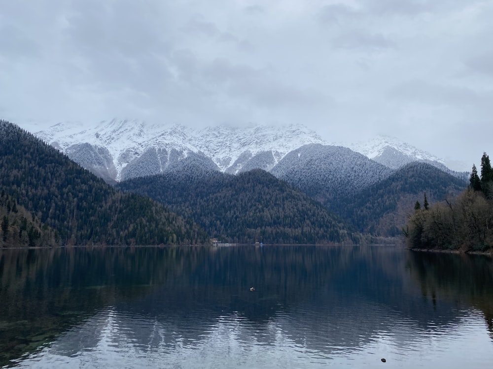 body of water near trees and snow covered mountain during daytime
