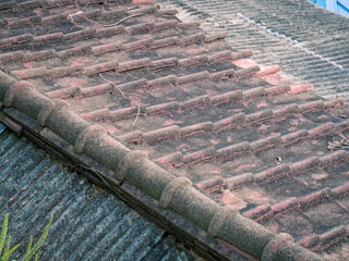 A section of an old, weathered roof with rows of overlapping tiles that have patches of dirt and moss. The tiles are a mix of muted reds and browns, showing signs of aging and exposure to the elements. Some leaves and twigs are scattered across the surface.