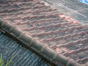 A section of an old, weathered roof with rows of overlapping tiles that have patches of dirt and moss. The tiles are a mix of muted reds and browns, showing signs of aging and exposure to the elements. Some leaves and twigs are scattered across the surface.