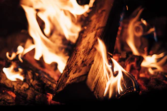 Close-up of flickering flames dancing in a rustic fireplace, radiating comfort.
