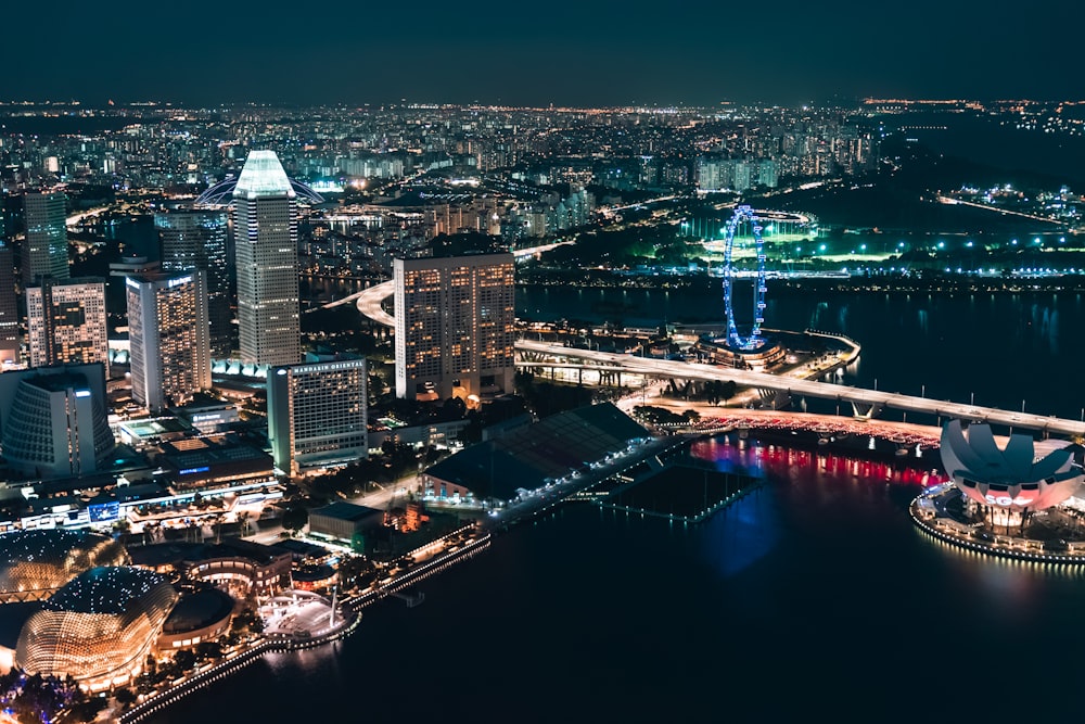 aerial view of city buildings during night time