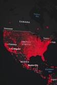 A map highlighting the United States, Canada, and parts of Mexico with numerous red dots spread across the regions. The map features major cities like Vancouver, San Francisco, Los Angeles, and Mexico City. Red dots densely fill the United States, indicating a concentration in this area.