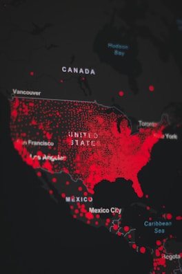 A map highlighting the United States, Canada, and parts of Mexico with numerous red dots spread across the regions. The map features major cities like Vancouver, San Francisco, Los Angeles, and Mexico City. Red dots densely fill the United States, indicating a concentration in this area.
