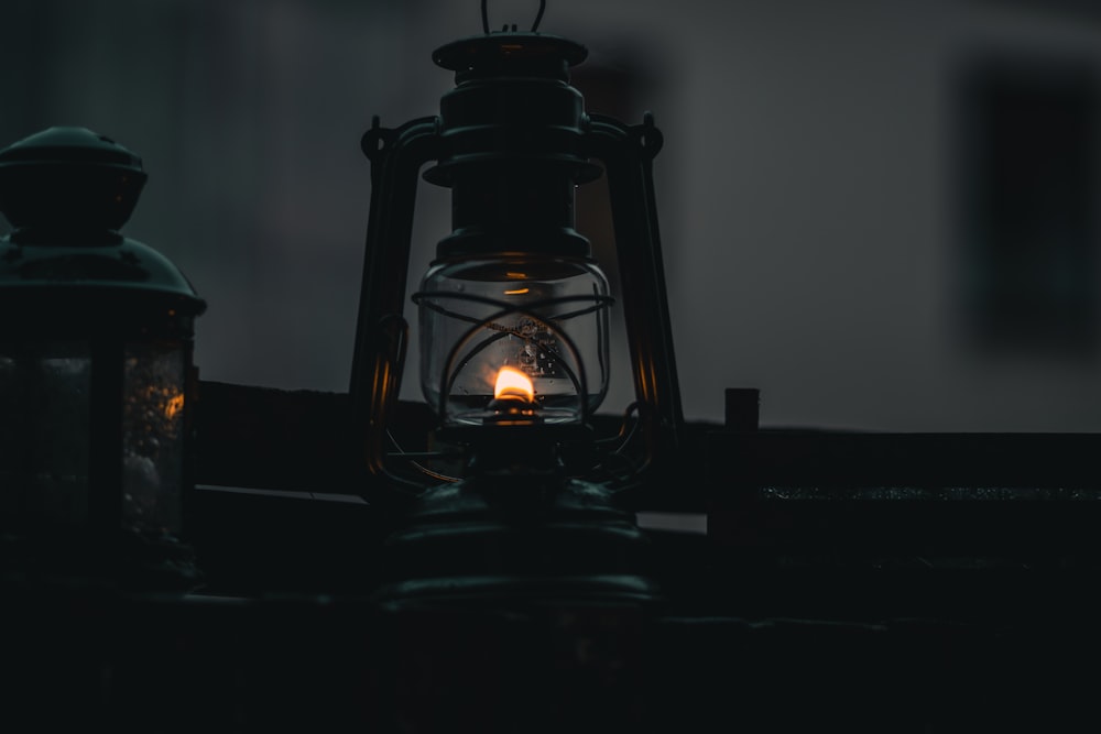 black lantern lamp on table