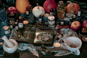 a table topped with lots of different types of items