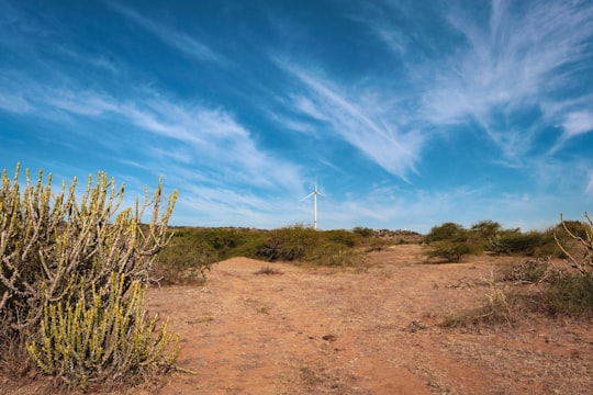 white wind turbine on brown field under blue sky and white clouds during daytime in Bhuj India