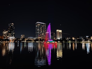 city skyline during night time