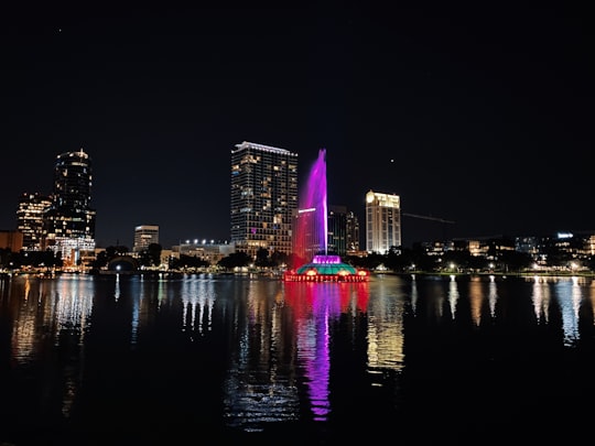 city skyline during night time in Lake Eola Park United States