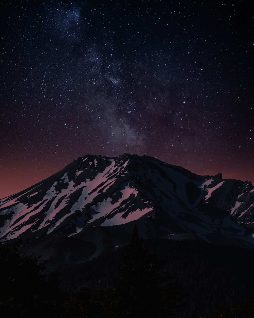 black and white mountain under starry night