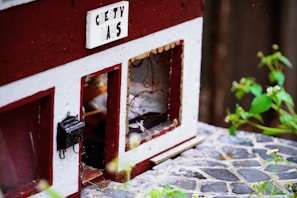 A miniature structure resembling a house with a sign that reads 'Creativ Haus'. The walls are painted red and white, and there are windows with wire details inside. The scene includes cobblestone paving and some green plants with small flowers in the foreground.