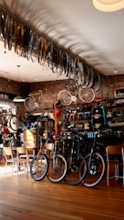 bicycle parked beside brown wooden table