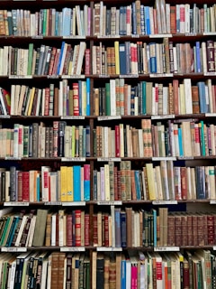books on brown wooden shelf