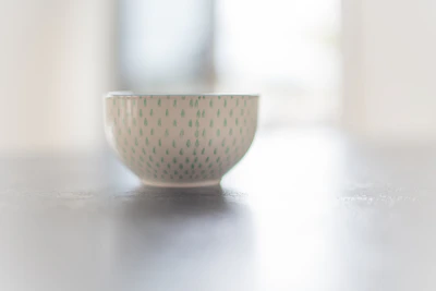 Close-up of a green Tamgroute ceramic bowl with intricate patterns under warm natural light.