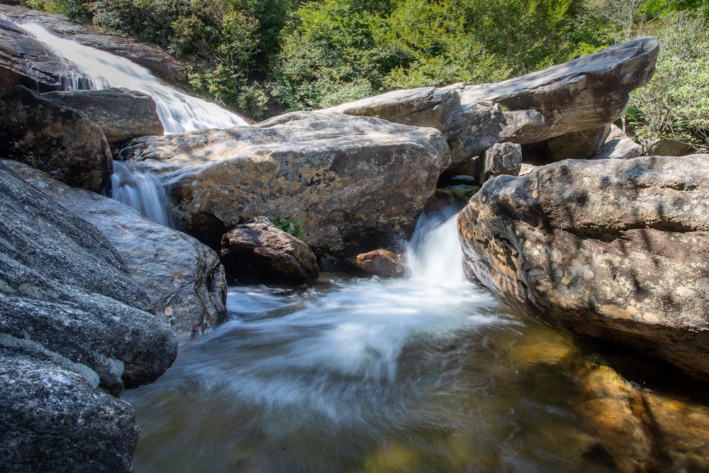 water falls between green trees during daytime