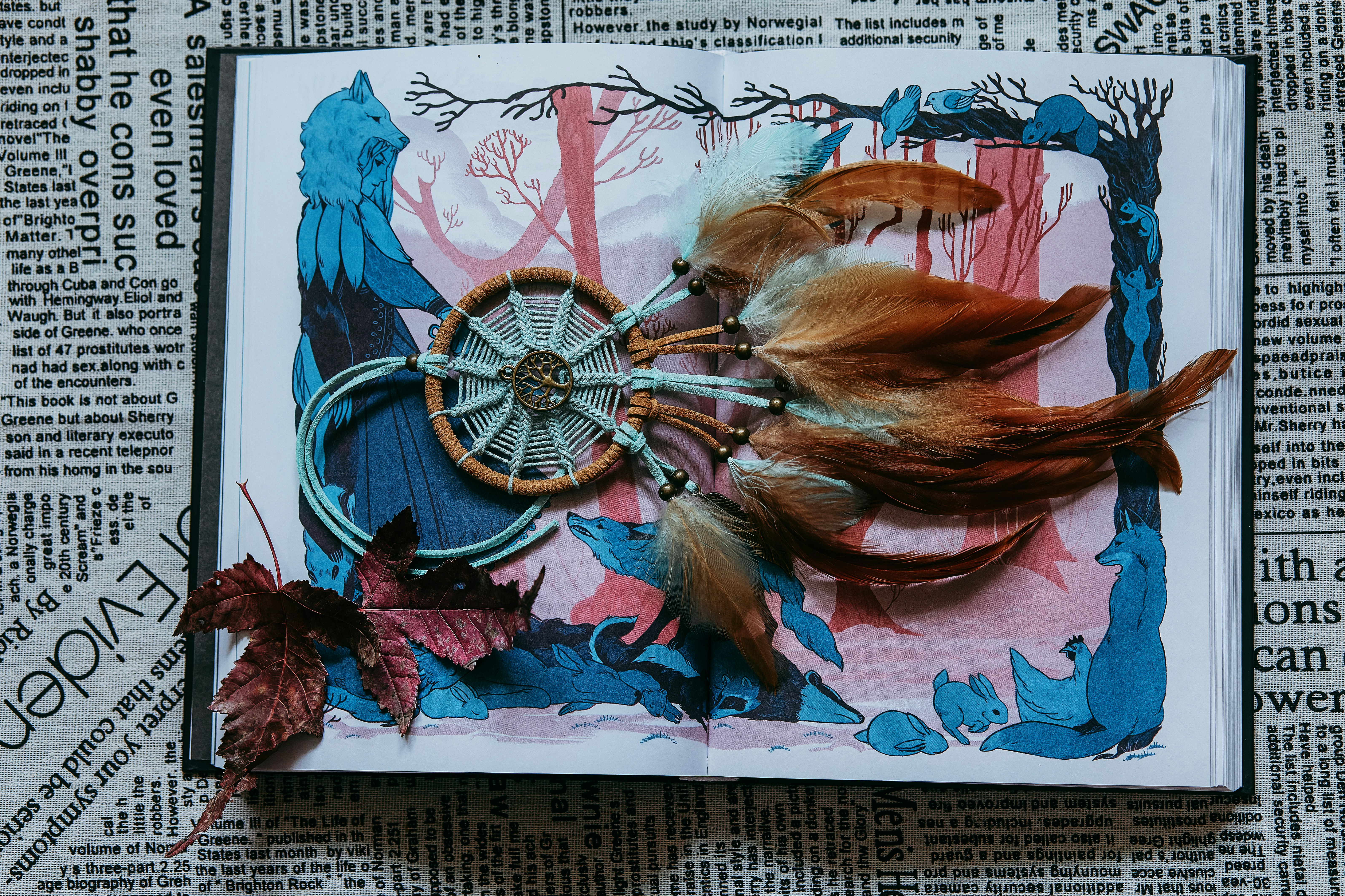 A dream catcher with orange feathers and scarlet leaves on the close-up page of a book.