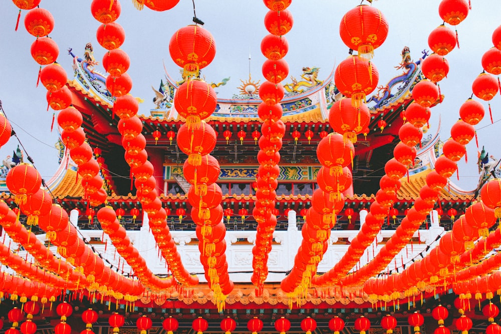 red and gold round lanterns