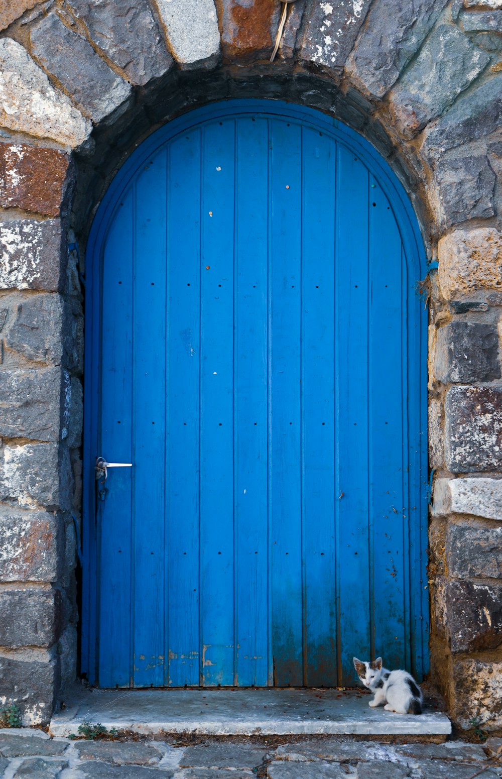 blaue Holztür an brauner Ziegelwand