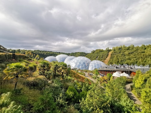 A lush landscape featuring large, geodesic dome structures surrounded by dense greenery and palm trees. Rolling hills covered in forests stretch across the background under an overcast sky.