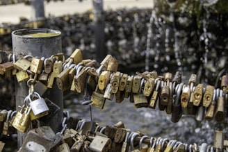 A collection of padlocks attached to a metal wire wrapped around a post, symbolizing love and commitment. The locks vary in size and color, primarily in shades of brass and silver. The background features a blurred view, enhancing the focus on the locks, with water droplets visible suggesting a nearby fountain or calm water feature.