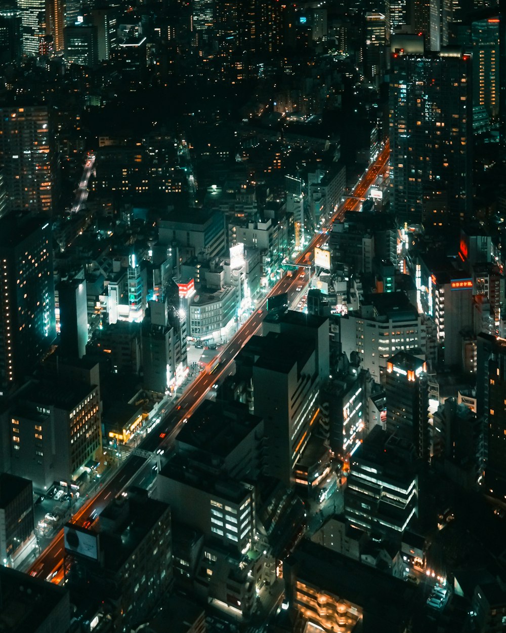 aerial view of city buildings during night time