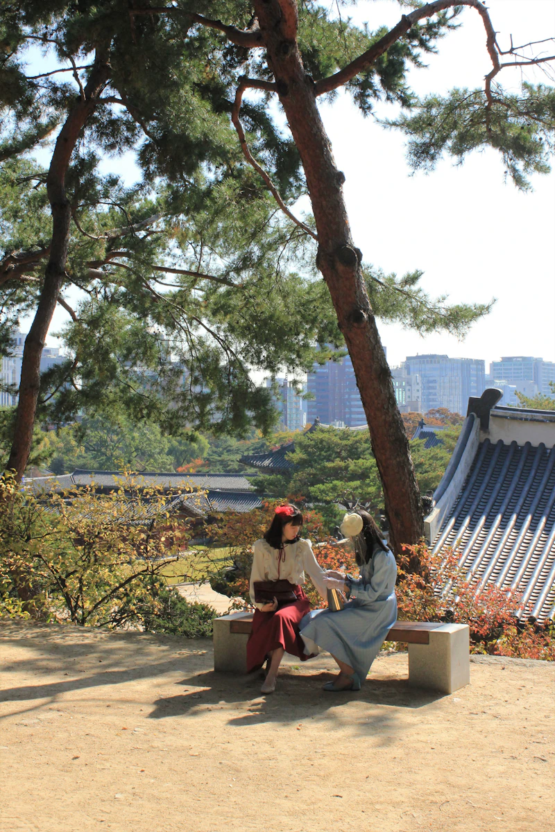 A person sitting on a bench in Seoul, South Korea, a quiet park scene