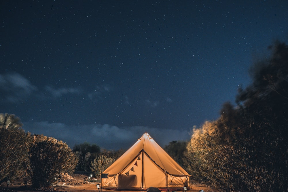 brown and white tent under blue sky during night time