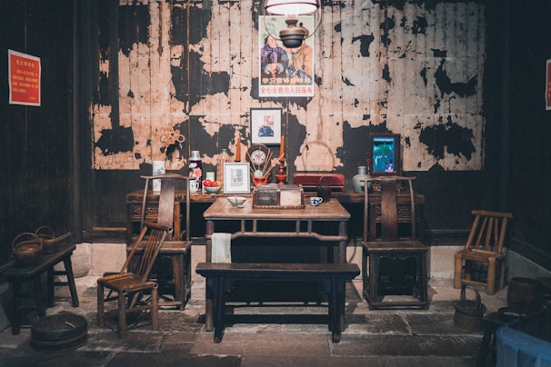 An assortment of vintage furniture pieces.