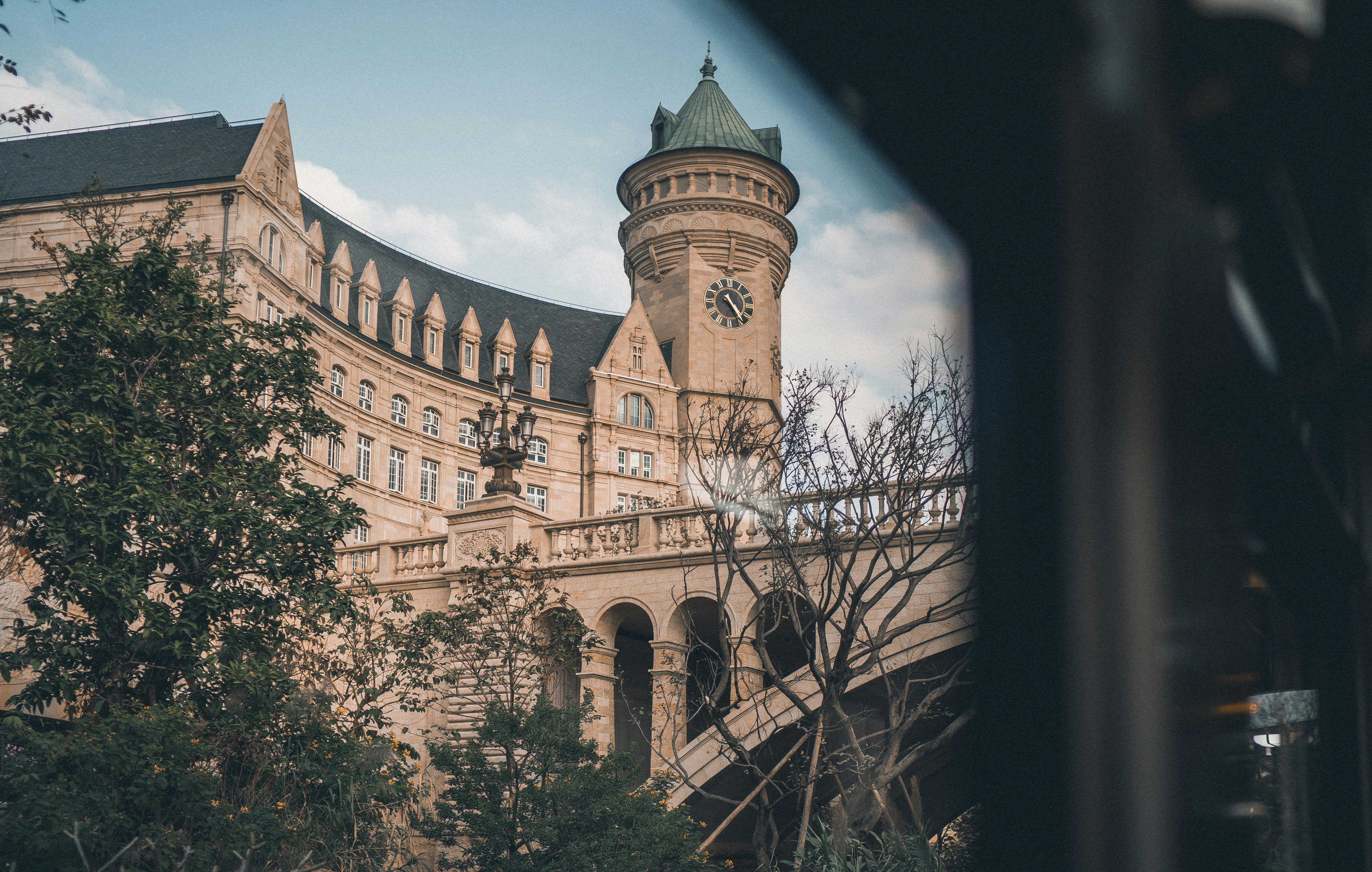 昼間の青空の下、裸木のそばの茶色のコンクリートの建物