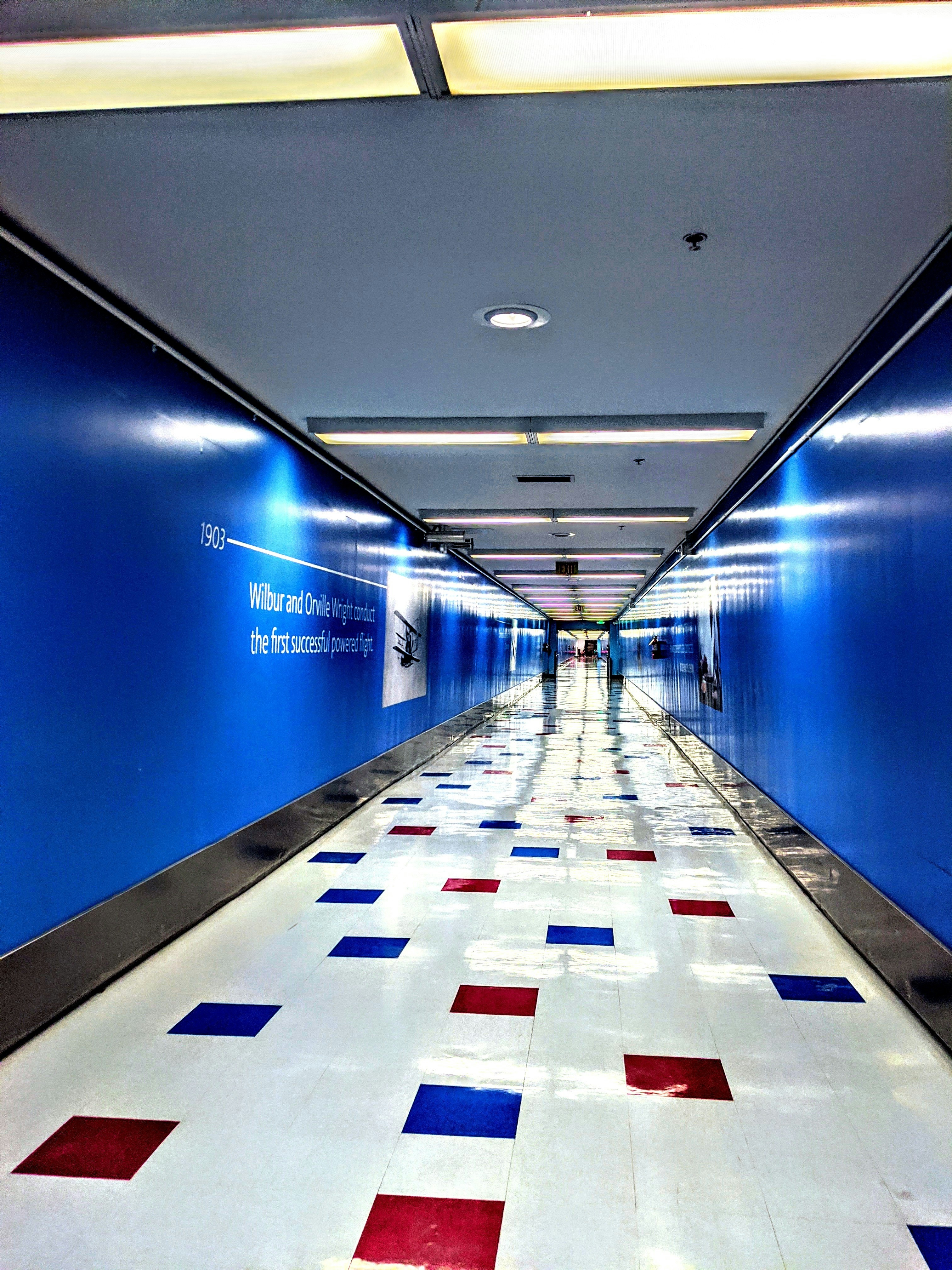 blue red and yellow hallway