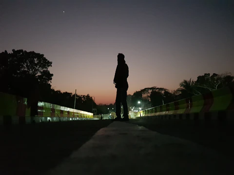 A silhouette of a lone figure walking along a quiet roadside at dusk, with stars beginning to appear.