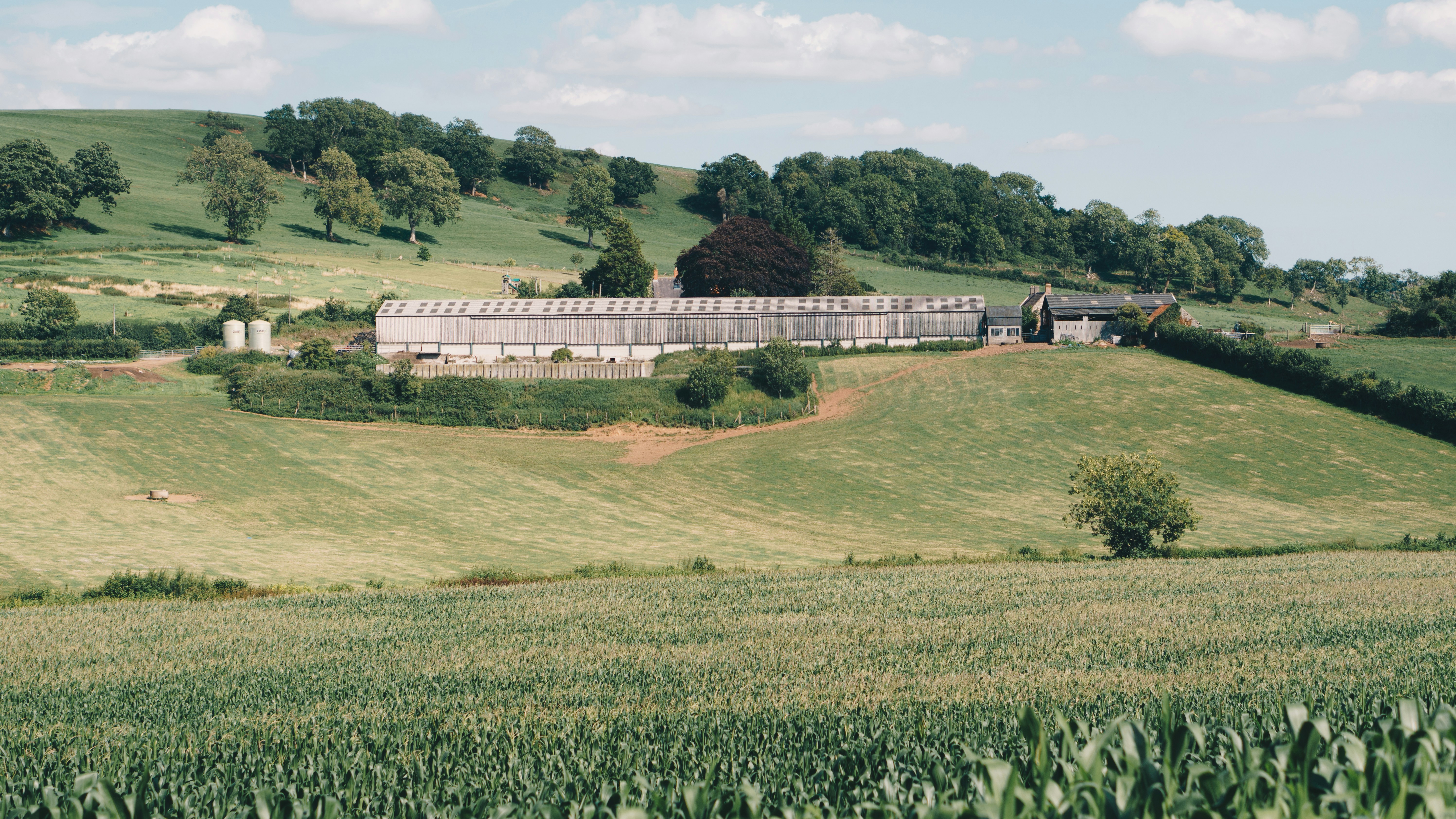 A rural farm with silos nestled among rolling green hills.