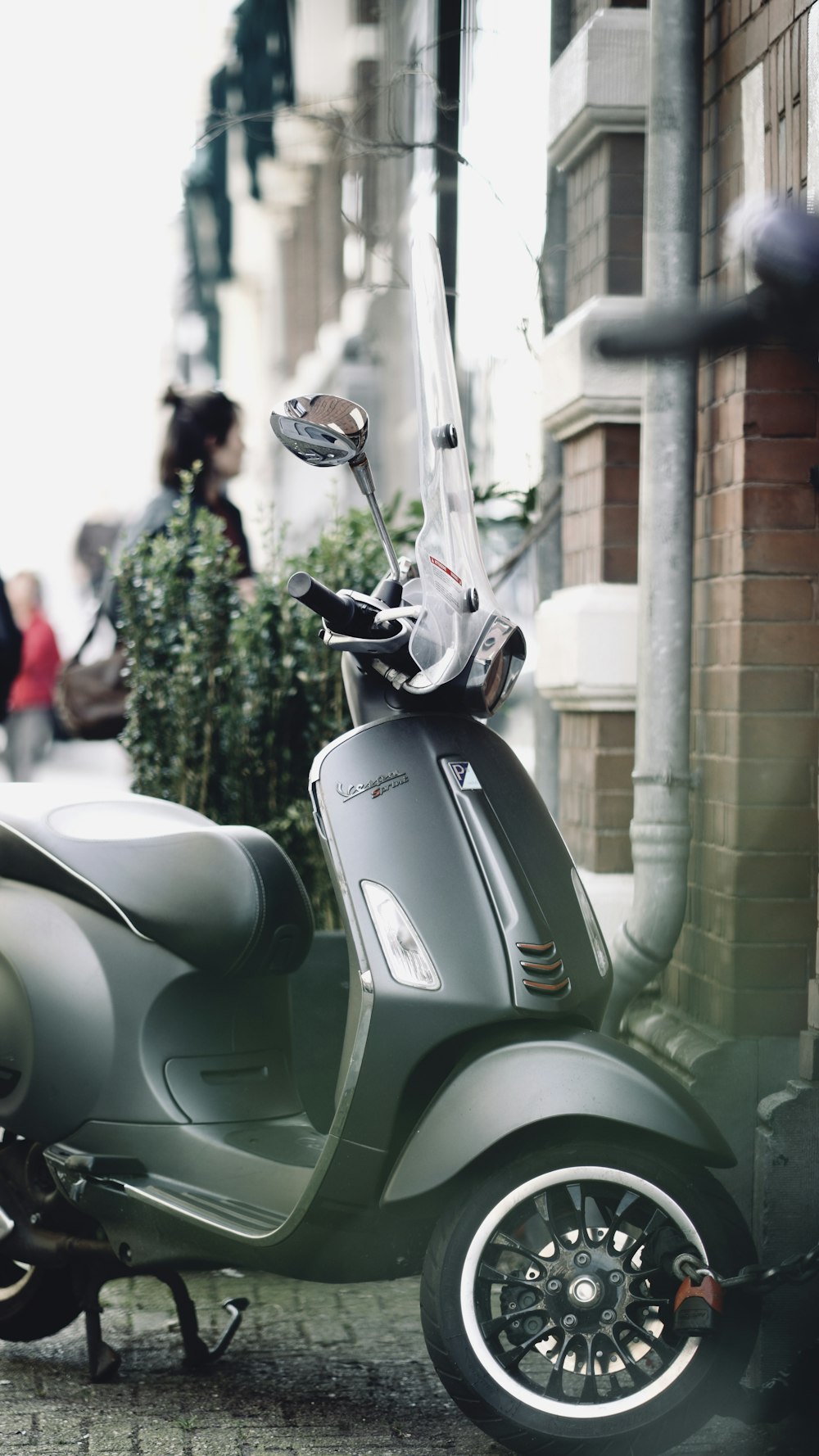 Scooter verde estacionado cerca de la planta de hojas verdes durante el día