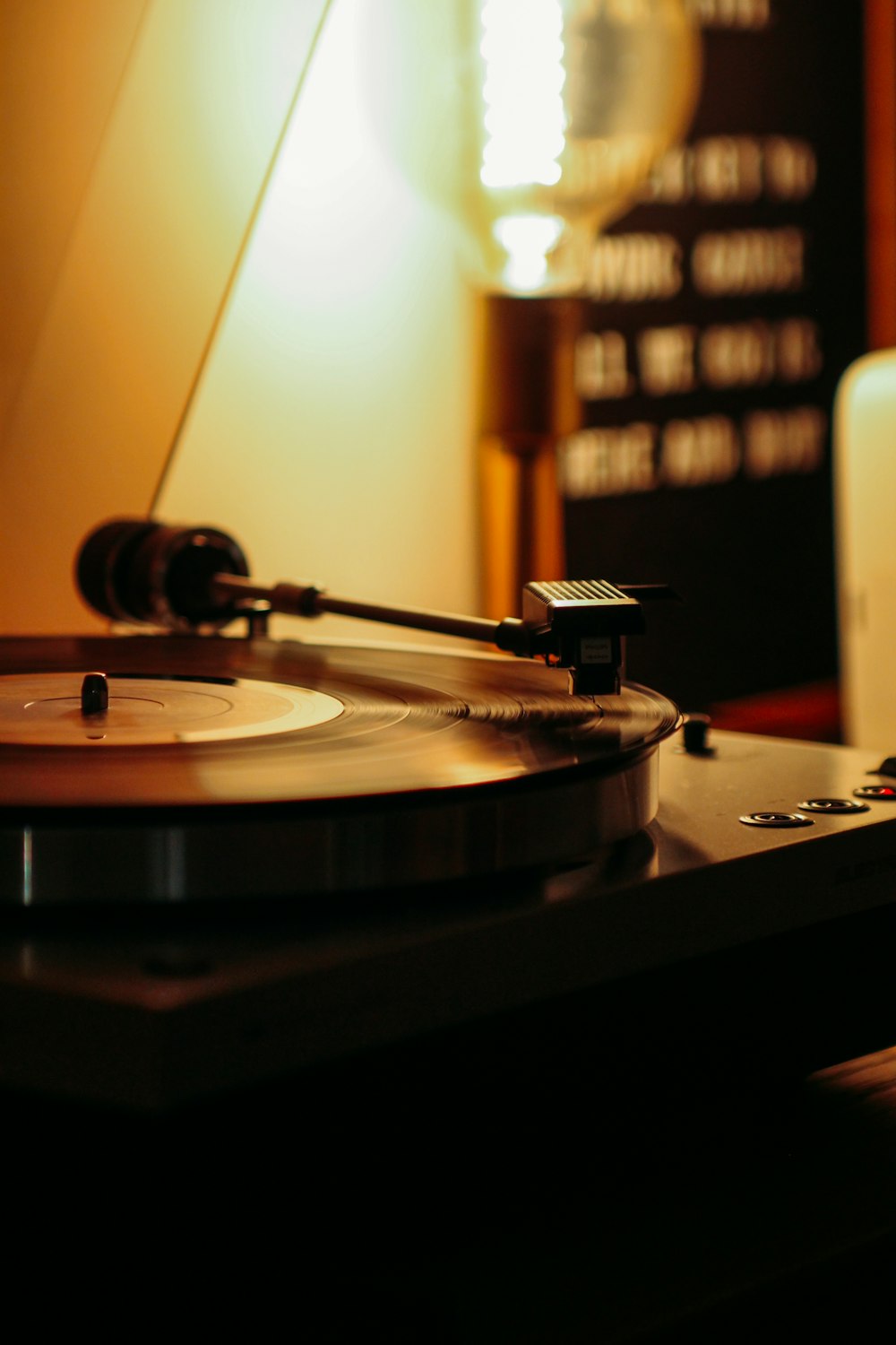 vinyl record player on table