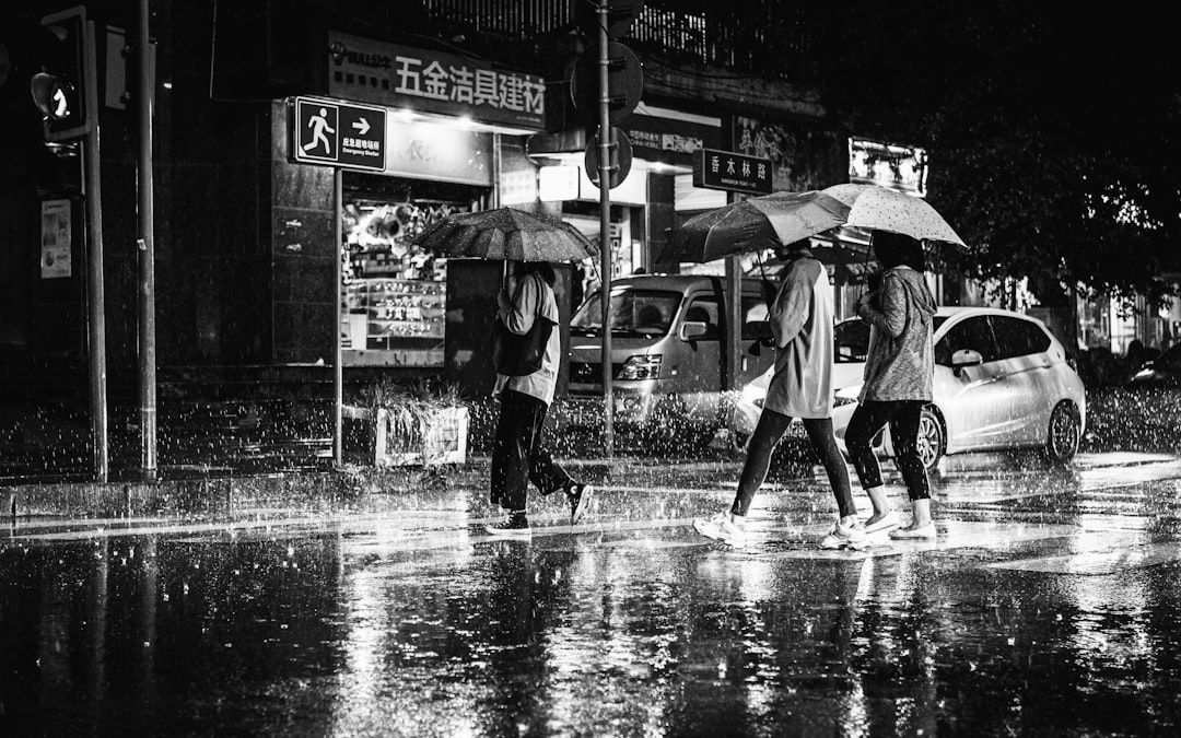 grayscale photo of people walking on wet road