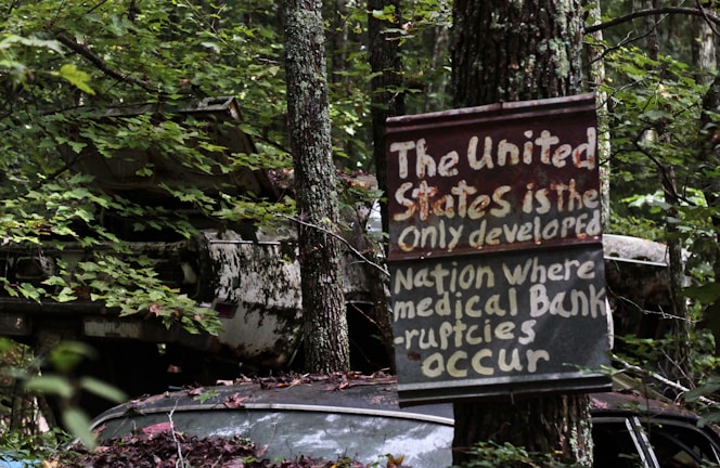 An overgrown forest area contains two abandoned, rusting cars partly covered in moss and leaves. A weathered sign is nailed to a tree, with the bold text criticizing the United States for being the only developed nation with medical bankruptcies.