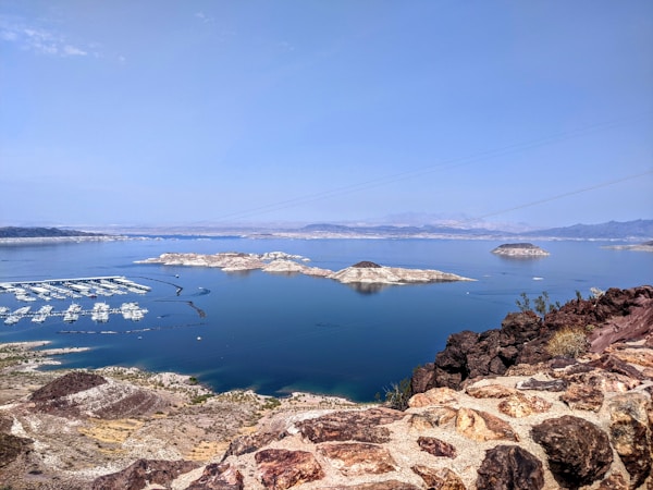 Low water levels at Lake Mead show pale rock rings along the shoreline where the Colorado River reservoir has dropped