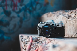Close-up of hands holding a vintage camera capturing details inside a forgotten, graffiti-covered room.