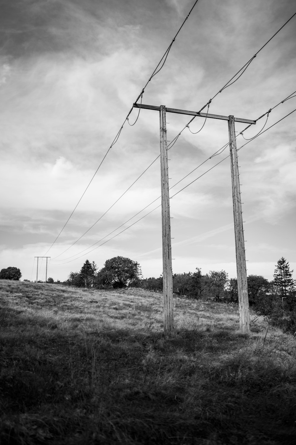 grayscale photo of electric post