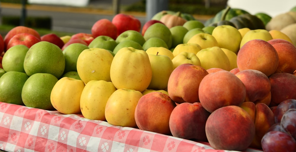 yellow and red apples on white and red checkered table cloth