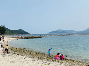 A joyful group of diverse travelers enjoying a sunny beach, with visible accessibility aids.