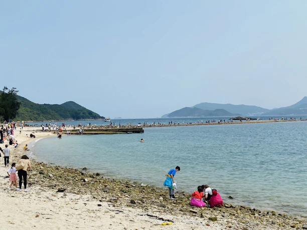 A joyful group of diverse travelers enjoying a sunny beach, with visible accessibility aids.