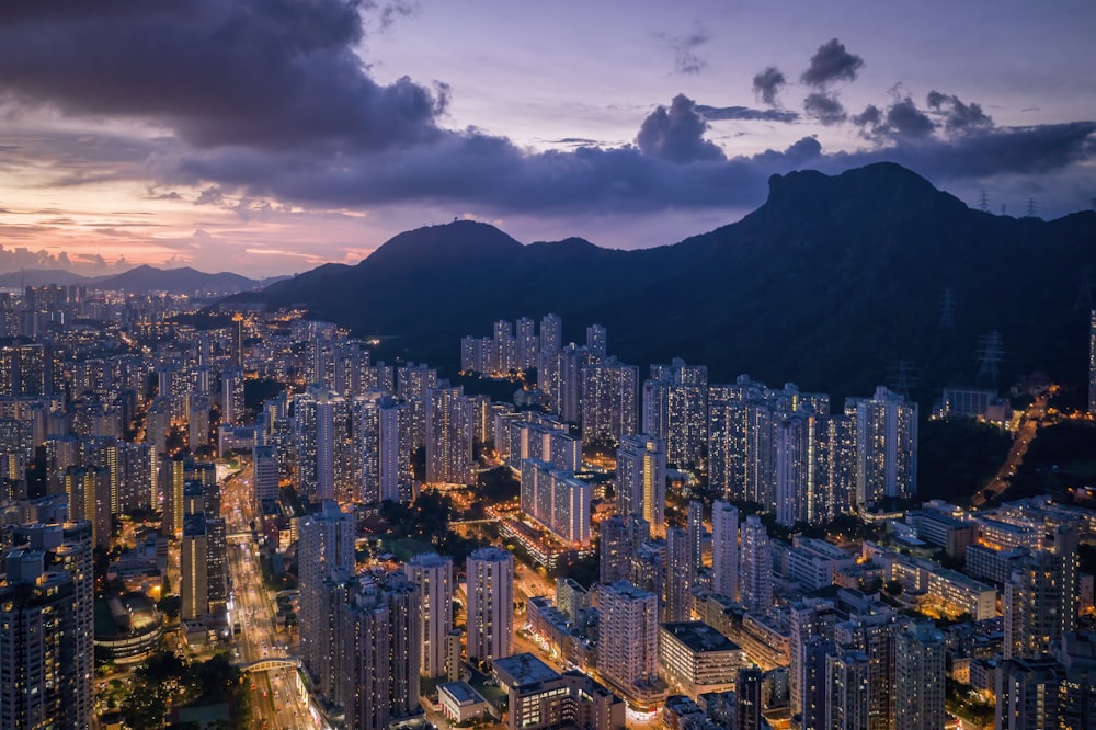 aerial view of city buildings during night time