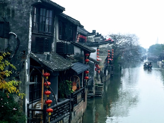 black and white wooden houses beside river during daytime in Xitang China