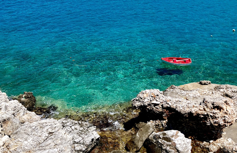 red surfboard on brown rock near body of water during daytime