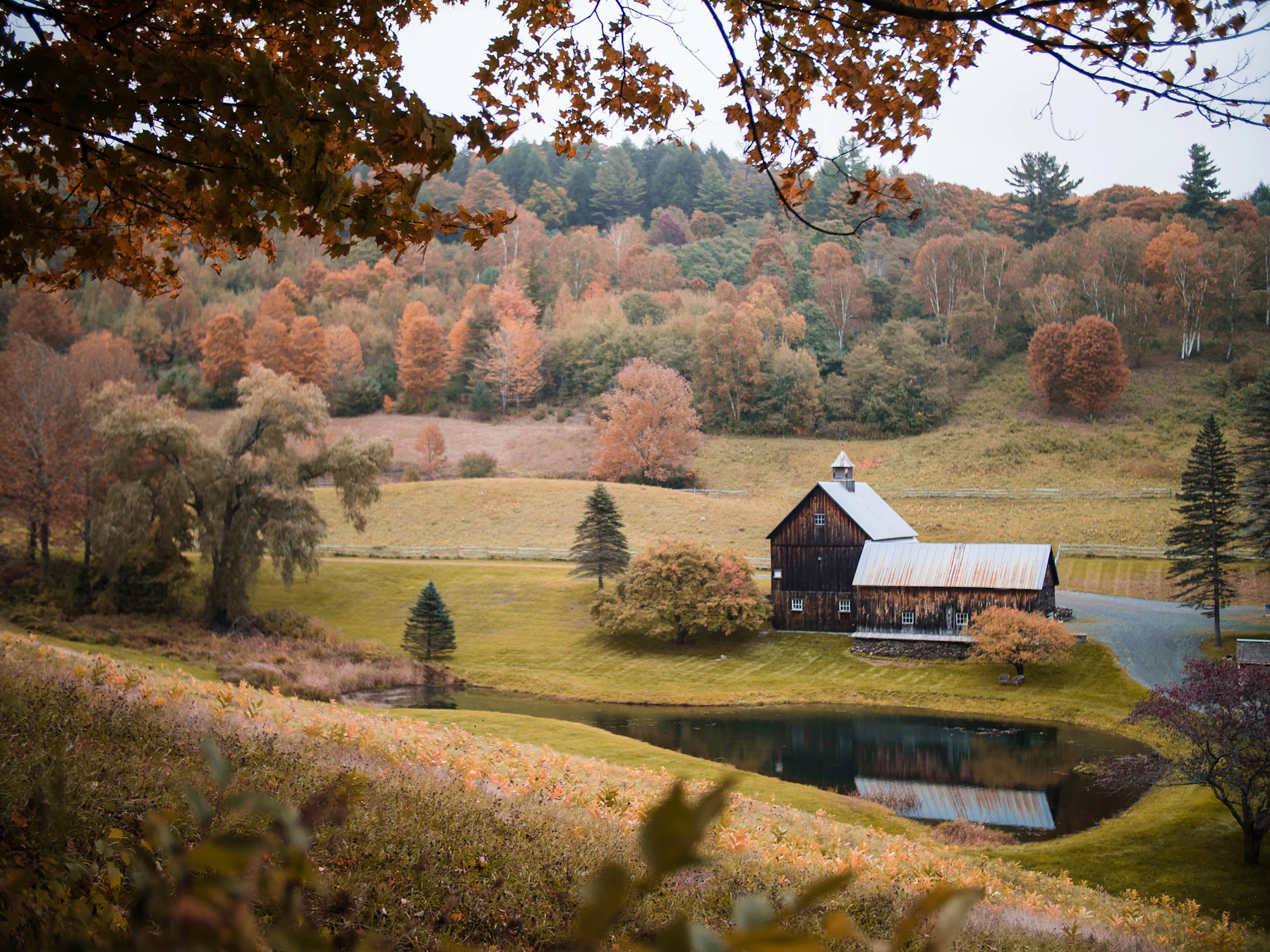 A white house surrounded by autumn foliage in Vermont