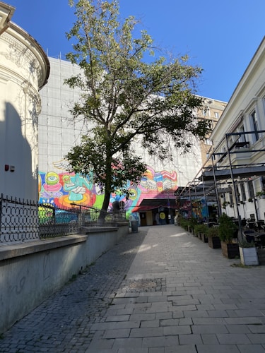 A vibrant street scene features a colorful mural on a building fa&ccedil;ade, depicting abstract and playful figures. A tree stands prominently in the center, casting shadows on the cobblestone path that leads through the area. The buildings are historic, with ornate architectural details and a wrought iron fence runs along the left side. Potted plants line the right side, and the sky is clear and blue.