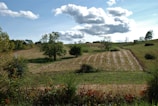 A serene Nigerian countryside with open green fields under a bright sky.